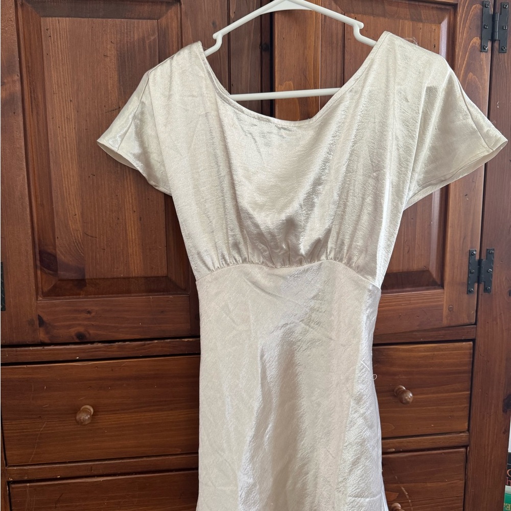 Jovani Cream Short-Sleeve Satin Mini Dress